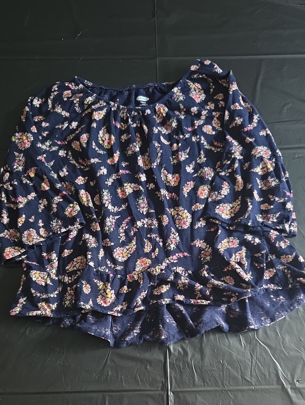 Old Navy Navy Floral Peasant Top with Pink and Yellow Flowers